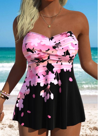 Pink swimwear,Floral swimwear,Plants swimwear,ROTITA Pink Tummy Coverage Floral Print Tankini Top