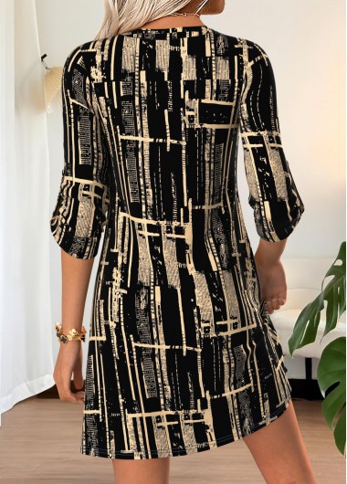 Black dresses,Geometric dresses,Everyday dresses,Casual dresses,ROTITA Black Geometric Print Short Split Neck Half Sleeve Dress