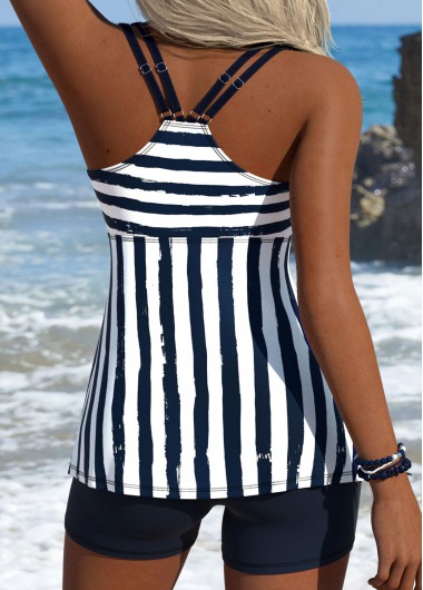 Navy swimwear,Striped swimwear,Geometric swimwear,ROTITA Navy Lace Up Striped Mid Waisted Tankini Set