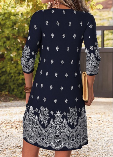 Navy dresses,Tribal dresses,Everyday dresses,Casual dresses,ROTITA Navy Tribal Print Patchwork Short Split Neck Dress