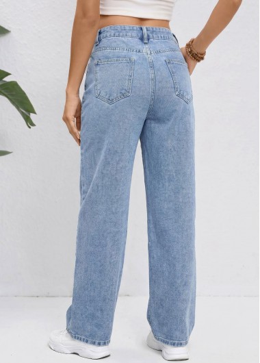 Denim Blue bottoms,Plain Color bottoms,ROTITA Denim Blue Straight Leg Zipper Fly High Waisted Jeans