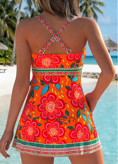 Orange swimwear,Floral swimwear,Plants swimwear,ROTITA Orange Layered Floral Print One Piece Swimdress