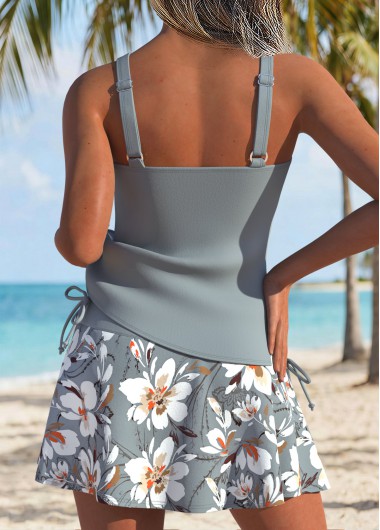 Light Grey swimwear,Floral swimwear,Plants swimwear,ROTITA Light Grey Patchwork Floral Print Mid Waisted Tankini Set
