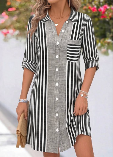Grey dresses,Striped dresses,Geometric dresses,Everyday dresses,Casual dresses,ROTITA Grey Striped Tummy Coverage Short Shirt Collar Dress