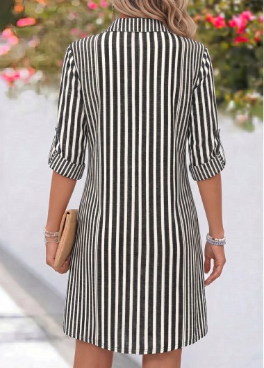 Grey dresses,Striped dresses,Geometric dresses,Everyday dresses,Casual dresses,ROTITA Grey Striped Tummy Coverage Short Shirt Collar Dress