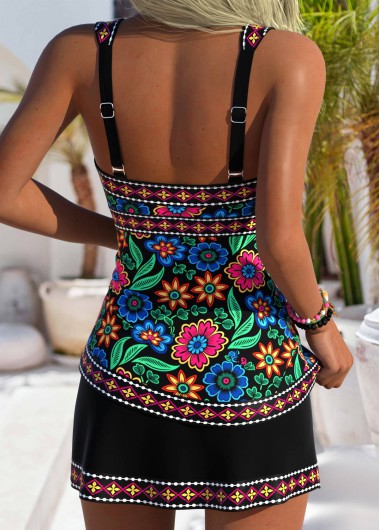 Black swimwear,Floral swimwear,Plants swimwear,ROTITA Black Tummy Coverage Floral Print Mid Waisted Tankini Set
