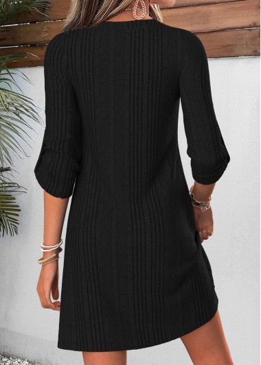 Black dresses,Plain Color dresses,Everyday dresses,Casual dresses,ROTITA Black Tummy Coverage Short Split Neck Long Sleeve Dress