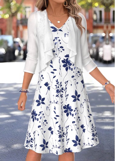 White dresses,Plants dresses,Everyday dresses,Casual dresses,ROTITA White Leaf Print Two-piece V Neck Dress and Cardigan