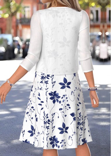 White dresses,Plants dresses,Everyday dresses,Casual dresses,ROTITA White Leaf Print Two-piece V Neck Dress and Cardigan