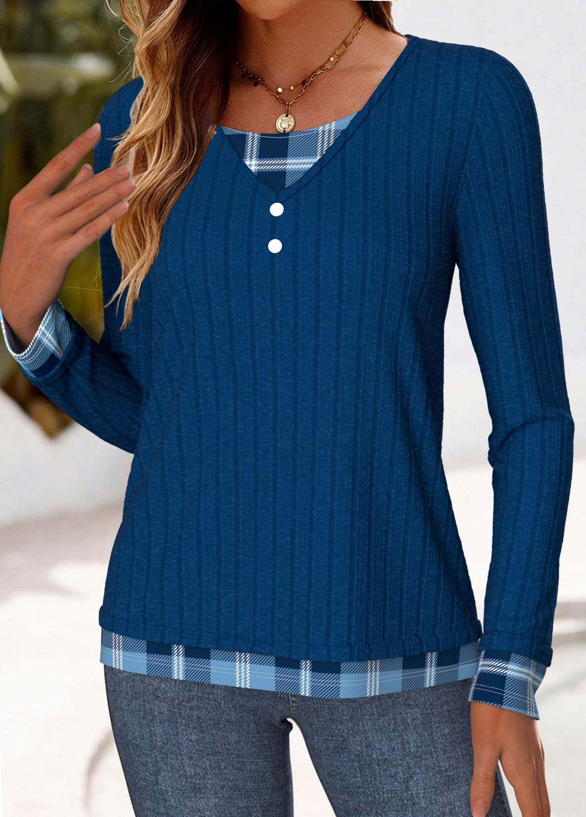 Blue tops,Plaid tops,Striped tops,Geometric tops,ROTITA Button Plaid Blue Fake Two Piece Twinset