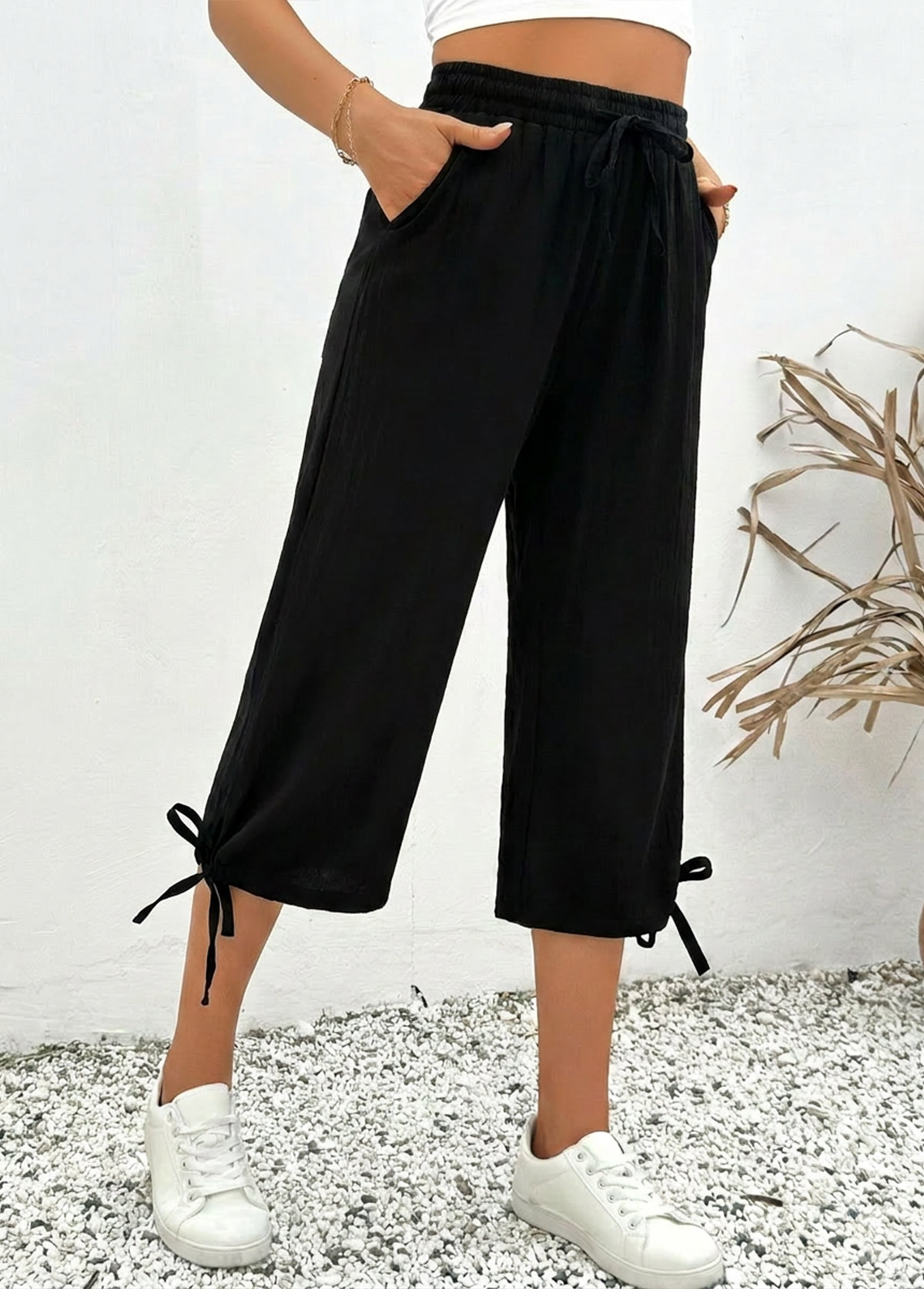 Black bottoms,Plain Color bottoms,Black Elastic Waist High Waisted Pants