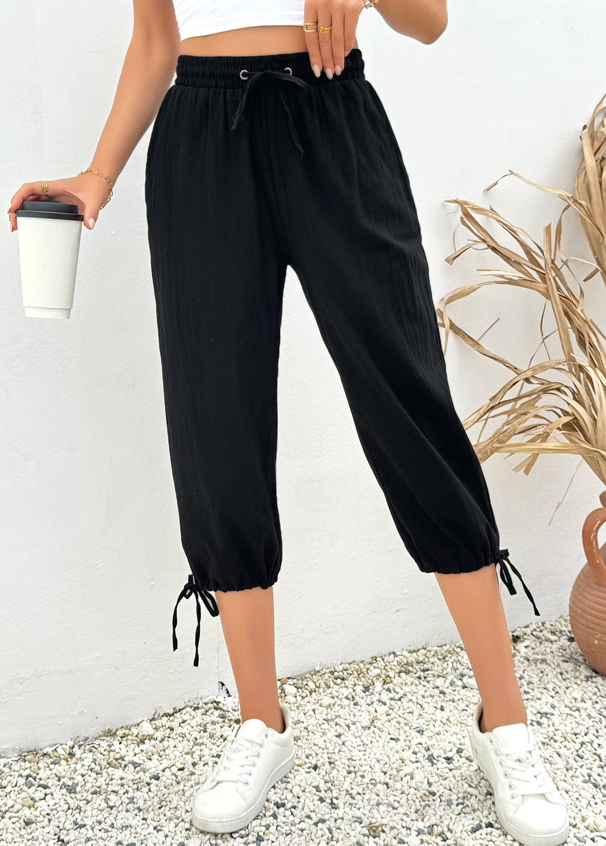 Black bottoms,Plain Color bottoms,Black Elastic Waist High Waisted Pants