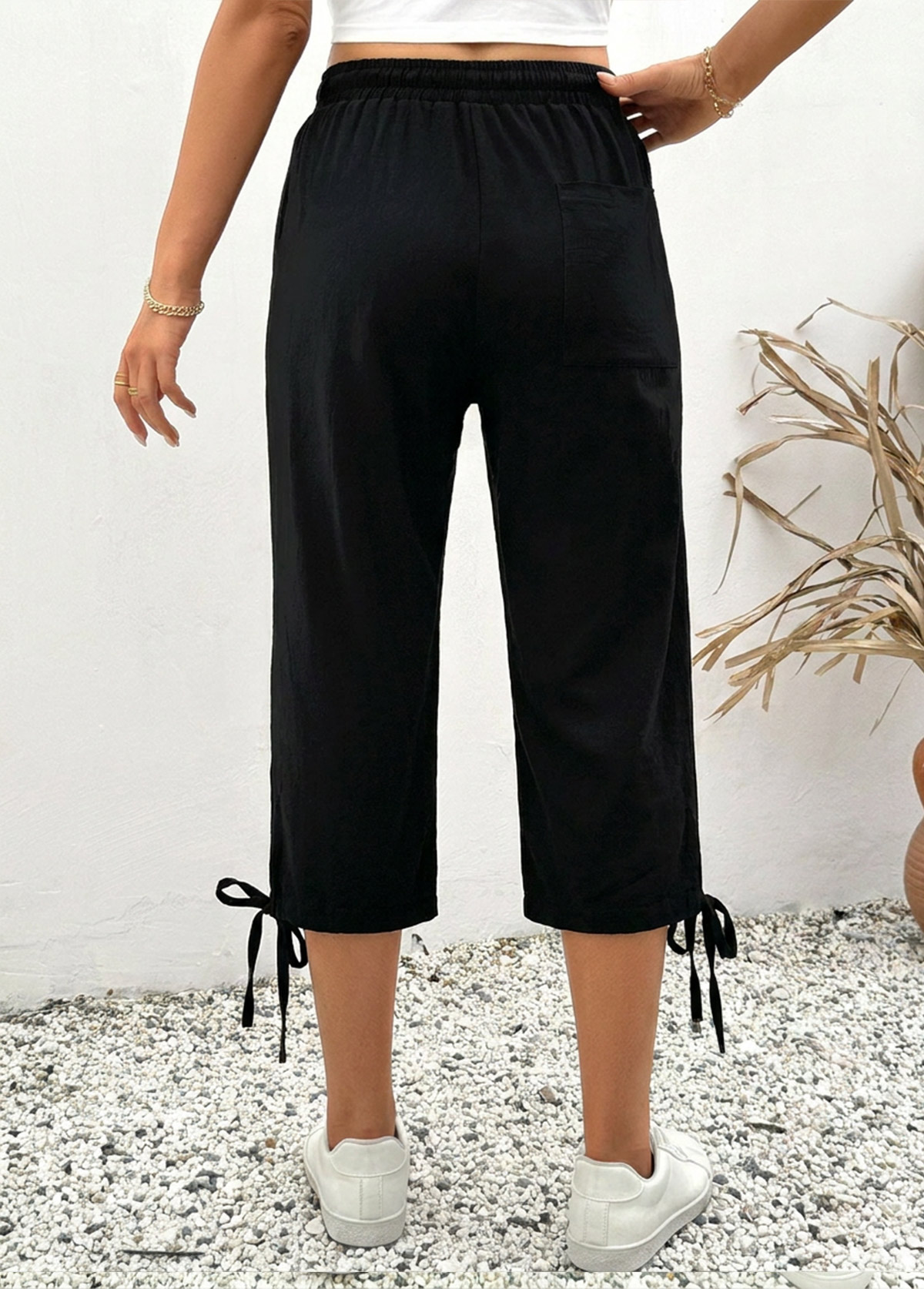 Black bottoms,Plain Color bottoms,Black Elastic Waist High Waisted Pants