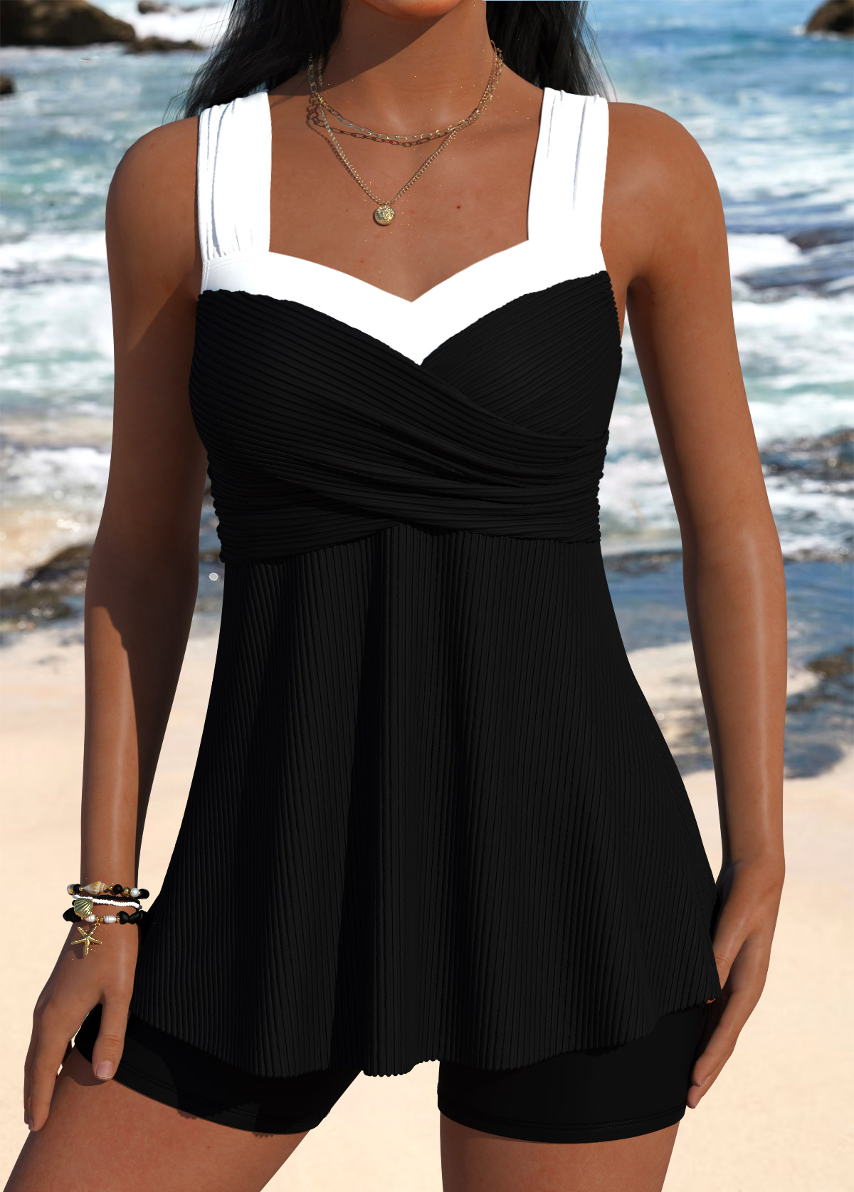 Black swimwear,Contrast Color swimwear,ROTITA Black Mid Waisted Bandeau Tankini Set
