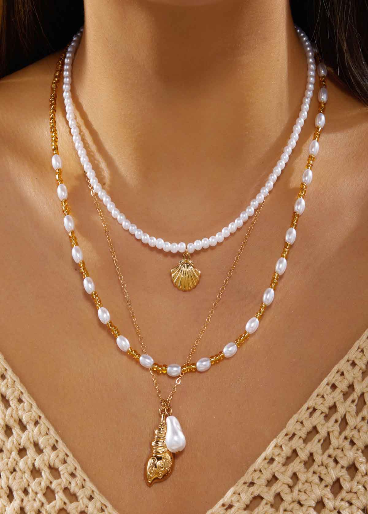 Beige jewelry,Beige Color Shell Alloy Detail Necklace