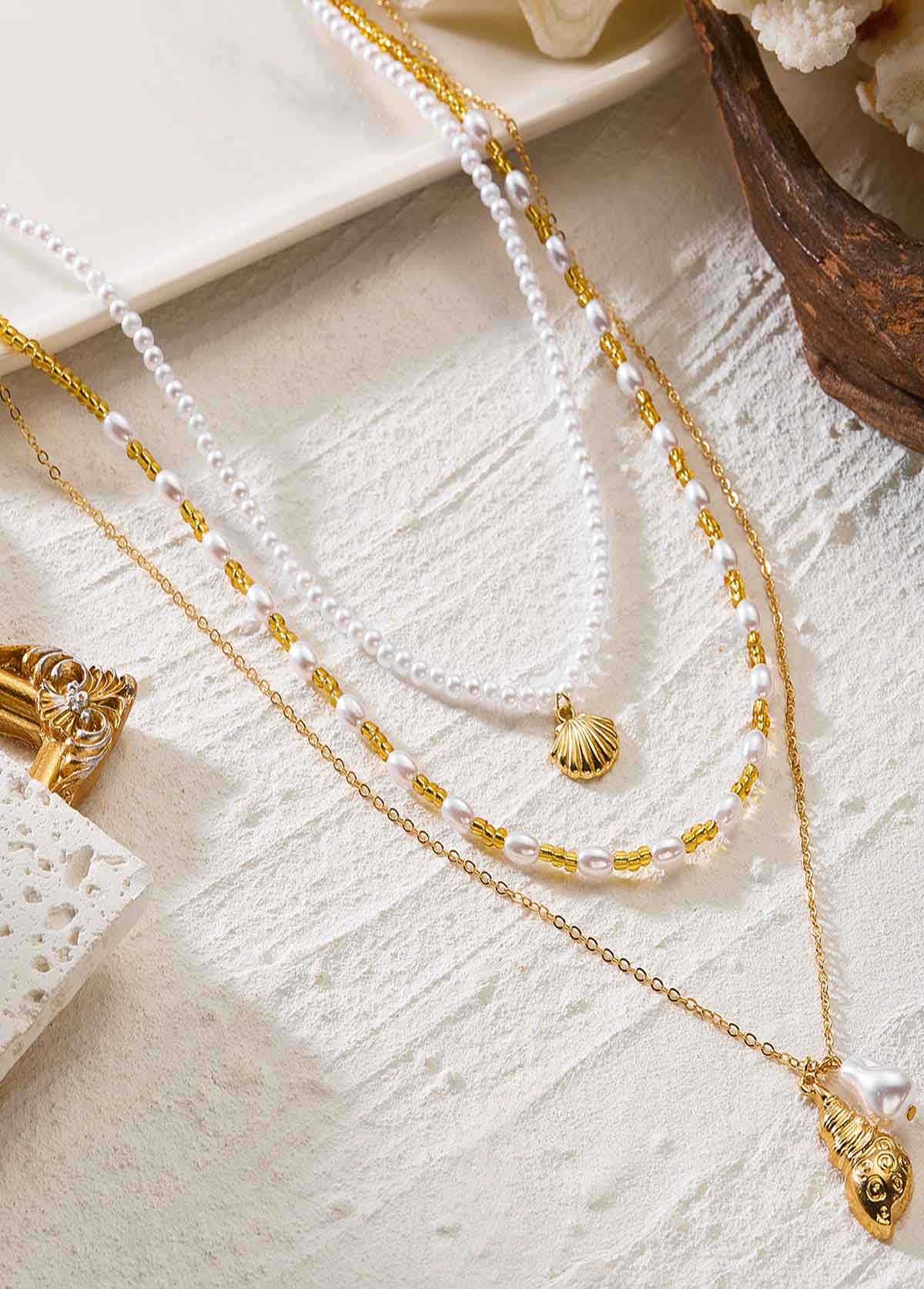 Beige jewelry,Beige Color Shell Alloy Detail Necklace