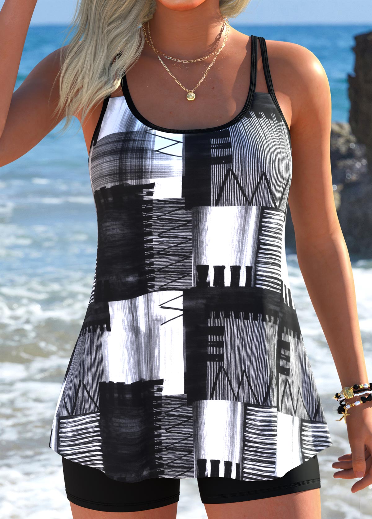 schwarzes Tankini-Top von Rotita mit geometrischem Muster und Bauchbedeckung-Kein Boden