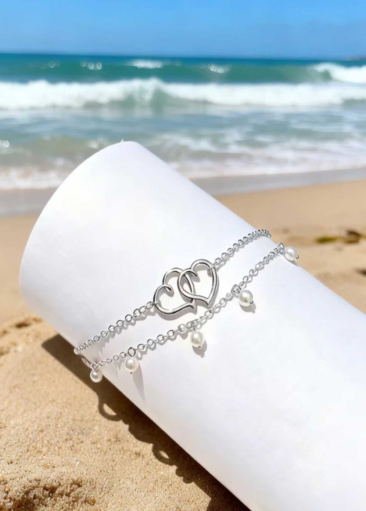 Silvery White jewelry,Heart Silvery White Alloy Detail Anklets