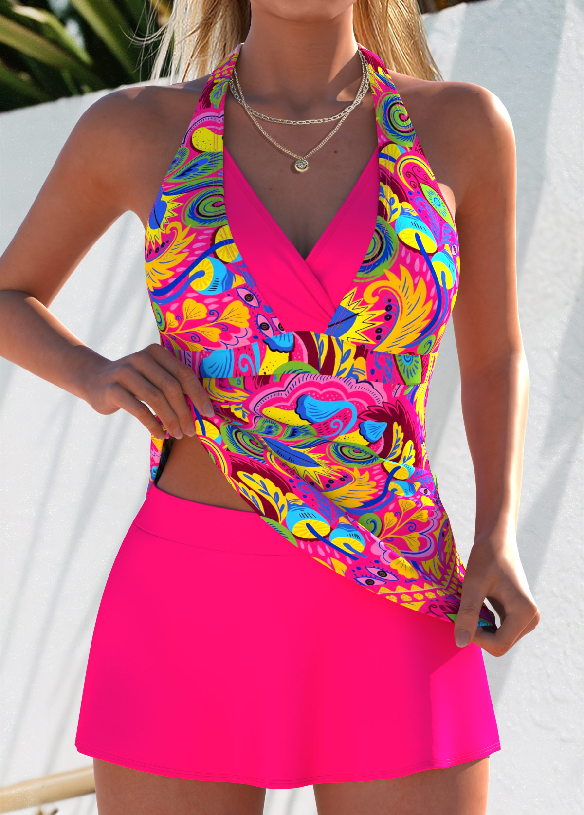 Hot Pink swimwear,Graphic swimwear,ROTITA Hot Pink Layered Graffiti Print Mid Waisted Tankini Set