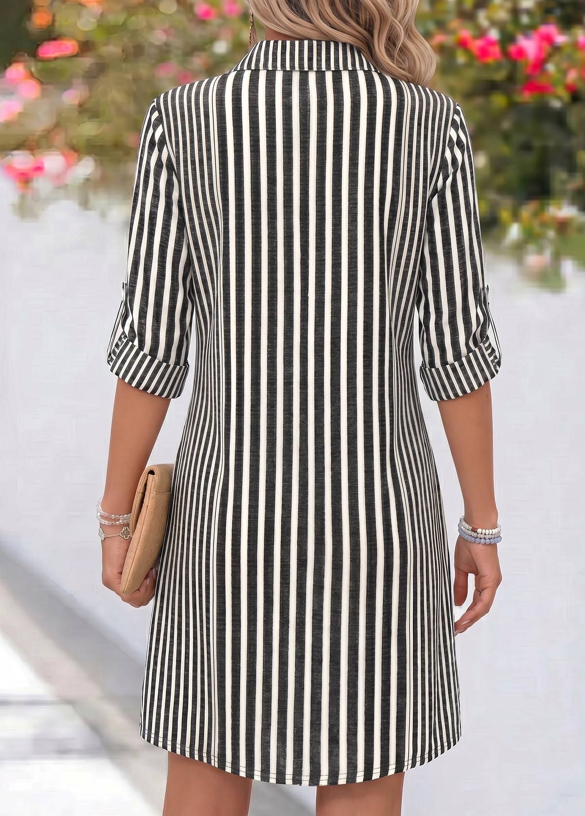 Grey dresses,Striped dresses,Geometric dresses,Everyday dresses,Casual dresses,ROTITA Grey Striped Tummy Coverage Short Shirt Collar Dress