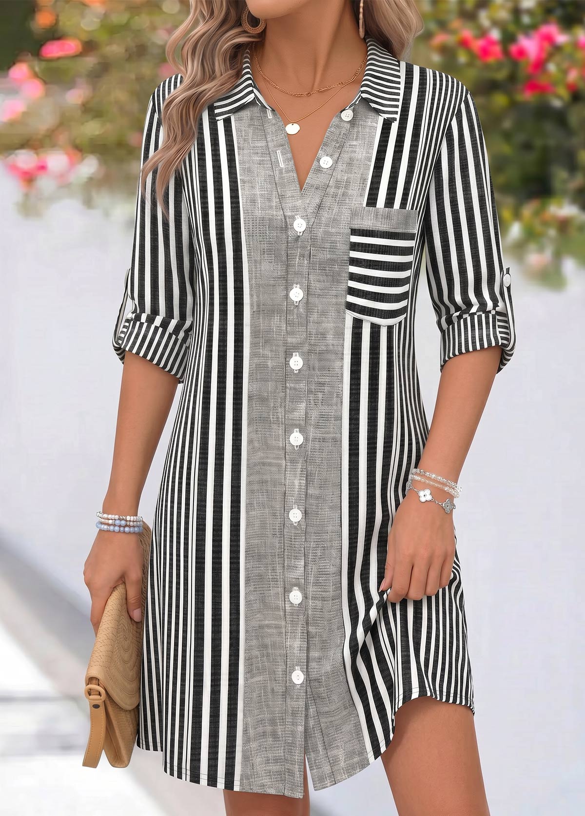 Grey dresses,Striped dresses,Geometric dresses,Everyday dresses,Casual dresses,ROTITA Grey Striped Tummy Coverage Short Shirt Collar Dress
