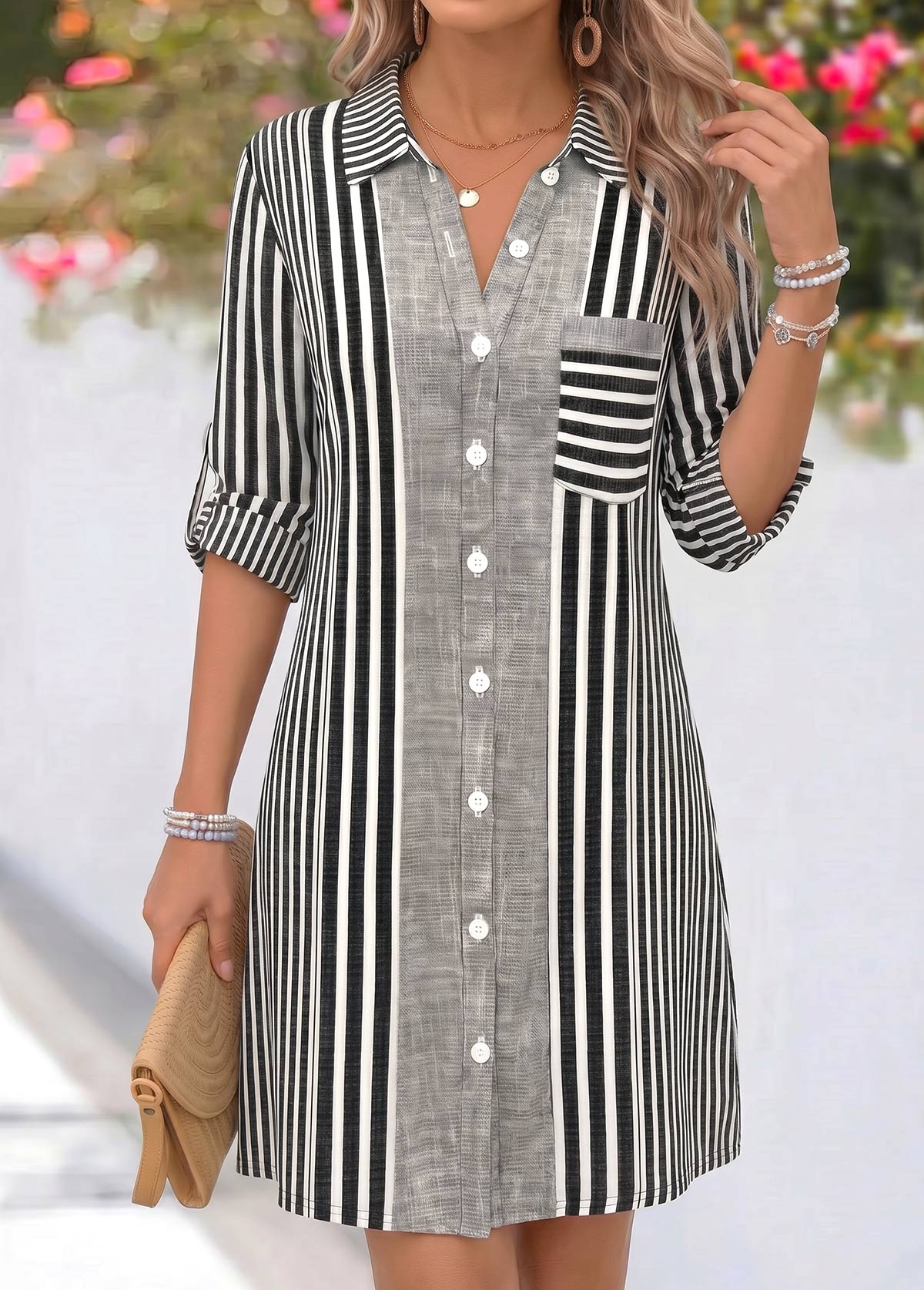 Grey dresses,Striped dresses,Geometric dresses,Everyday dresses,Casual dresses,ROTITA Grey Striped Tummy Coverage Short Shirt Collar Dress