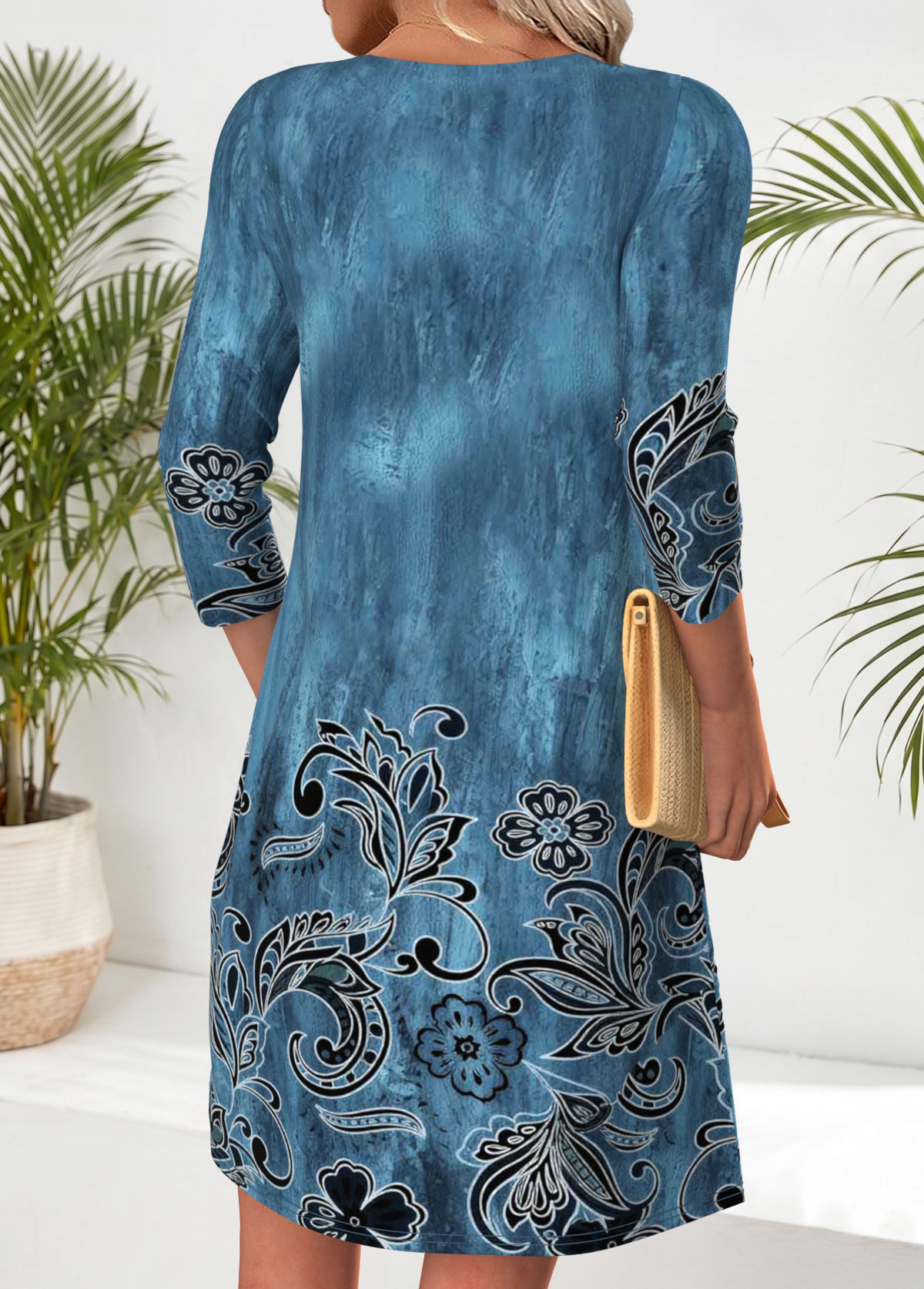 Peacock Blue dresses,Tribal dresses,Everyday dresses,Casual dresses,ROTITA Peacock Blue Tribal Print Tuck Stitch Short Dress