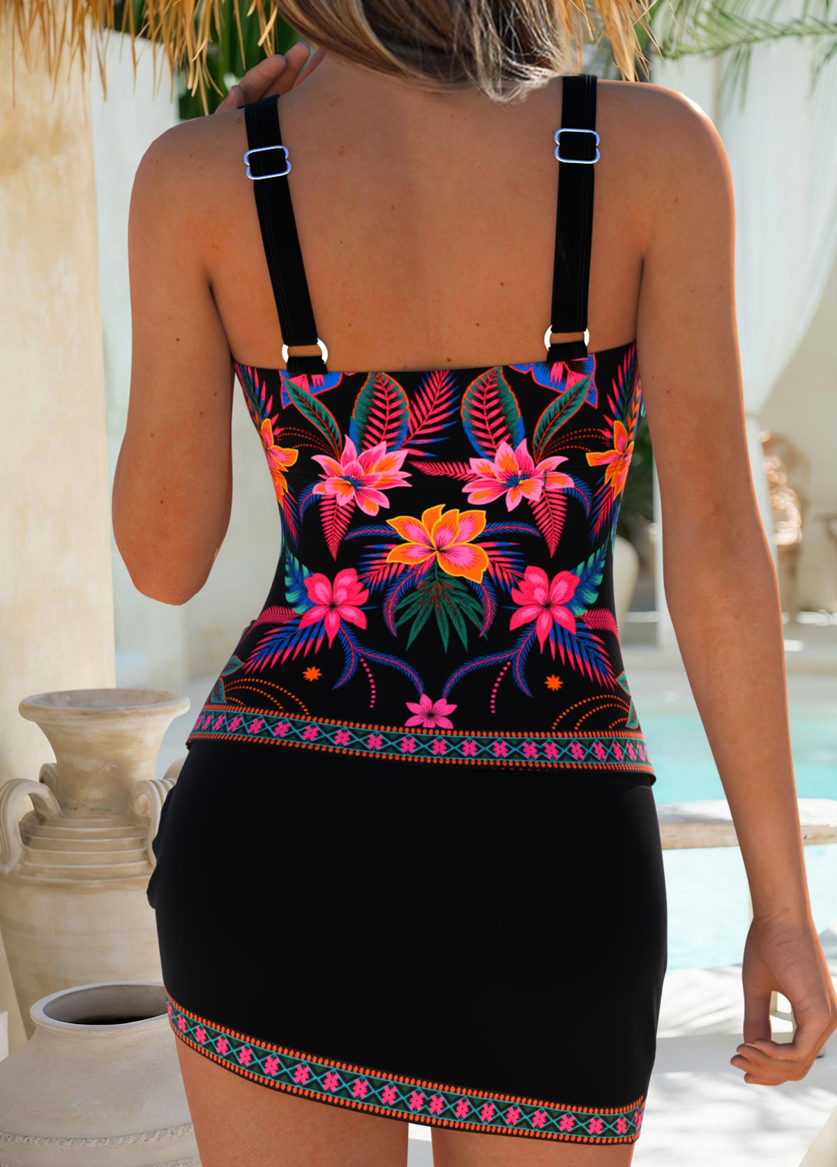 Black swimwear,Floral swimwear,Plants swimwear,ROTITA Black Surplice Floral Print Mid Waisted Tankini Set
