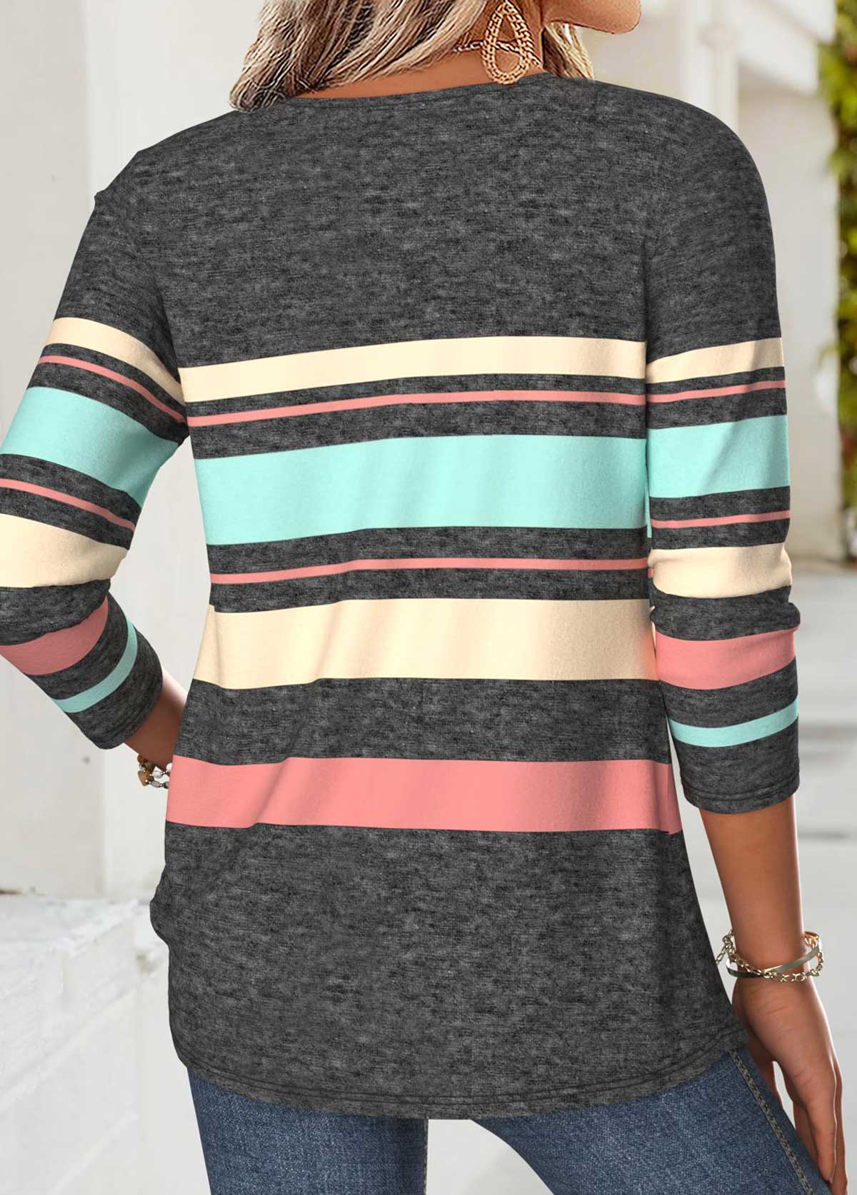 Multi Color tops,Striped tops,Geometric tops,ROTITA Tuck Stitch Striped Multi Color Split Neck T Shirt