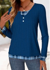 Blue tops,Plaid tops,Striped tops,Geometric tops,ROTITA Button Plaid Blue Fake Two Piece Twinset