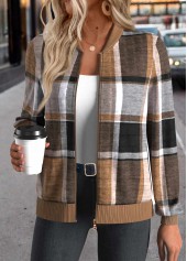 veste à manches longues et col montant à carreaux avec fermeture éclair Rotita café foncé