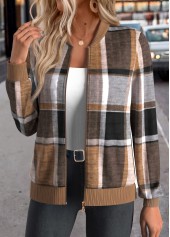 Dark Coffee tops,Plaid tops,ROTITA Zipper Plaid Dark Coffee Stand Collar Long Sleeve Jacket
