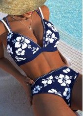 ROTITA Contrast Binding Navy Floral Print Mid Waisted Bikini Set