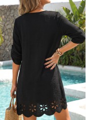 Black swimwear,Plain Color swimwear,ROTITA Hollow Out Shirt Collar Black Cover Up