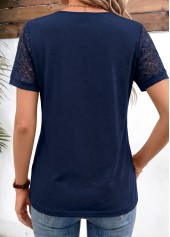 Navy tops,Plain Color tops,ROTITA Patchwork Navy Round Neck Short Sleeve T Shirt