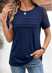 Navy tops,Plain Color tops,ROTITA Patchwork Navy Round Neck Short Sleeve T Shirt
