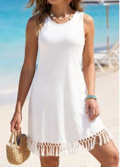 White swimwear,Plain Color swimwear,Tummy Coverage White Round Neck Cover Up