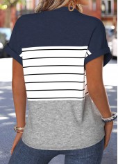 Navy tops,Striped tops,Geometric tops,ROTITA Patchwork Striped Navy Split Neck Short Sleeve Blouse
