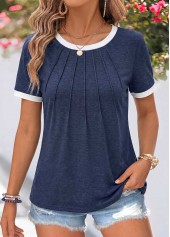 ROTITA Patchwork Navy Round Neck Short Sleeve T Shirt