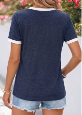 Navy tops,Contrast Color tops,ROTITA Patchwork Navy Round Neck Short Sleeve T Shirt