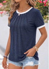 Navy tops,Contrast Color tops,ROTITA Patchwork Navy Round Neck Short Sleeve T Shirt