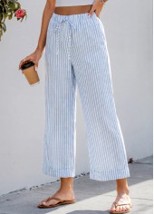 Blue bottoms,Striped bottoms,Geometric bottoms,Striped Blue Wide Leg Elastic Waist High Waisted Pants