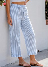 Blue bottoms,Striped bottoms,Geometric bottoms,Striped Blue Wide Leg Elastic Waist High Waisted Pants