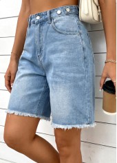 Denim Blue bottoms,Plain Color bottoms,Denim Blue Zipper Fly High Waisted Shorts
