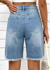 Denim Blue bottoms,Plain Color bottoms,Denim Blue Zipper Fly High Waisted Shorts