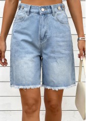 Denim Blue bottoms,Plain Color bottoms,Denim Blue Zipper Fly High Waisted Shorts
