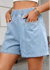Denim Blue bottoms,Plain Color bottoms,Denim Blue Wide Leg Elastic Waist High Waisted Shorts