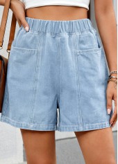 Denim Blue bottoms,Plain Color bottoms,Denim Blue Wide Leg Elastic Waist High Waisted Shorts