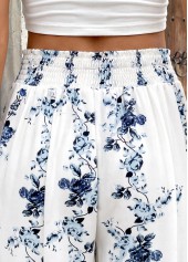 White bottoms,Floral bottoms,Plants bottoms,Floral Print White Flare Leg Elastic Waist Pants
