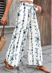White bottoms,Floral bottoms,Plants bottoms,Floral Print White Flare Leg Elastic Waist Pants